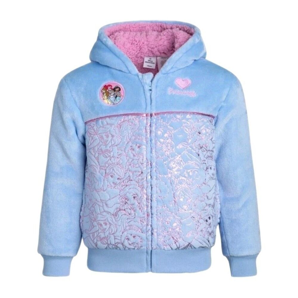 Disney Kids Princess Plush Lined Hoodie Soft Blue Pink Zip Embroidered Foiled